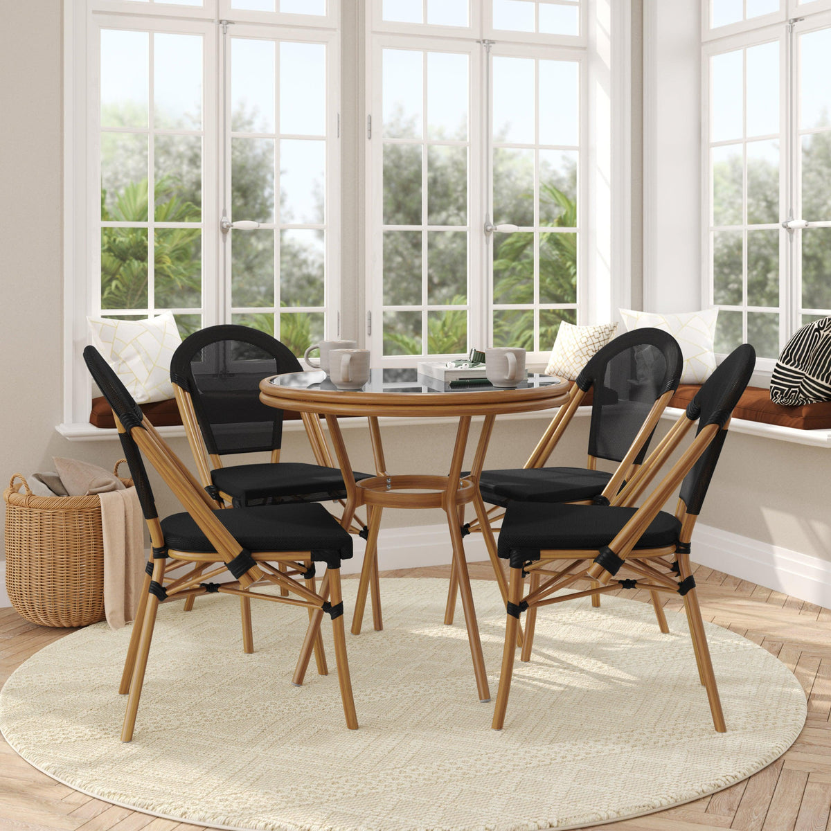 Black Textilene/Natural Frame |#| Indoor/Outdoor Commercial Bistro Set with Table and Four Chairs in Black