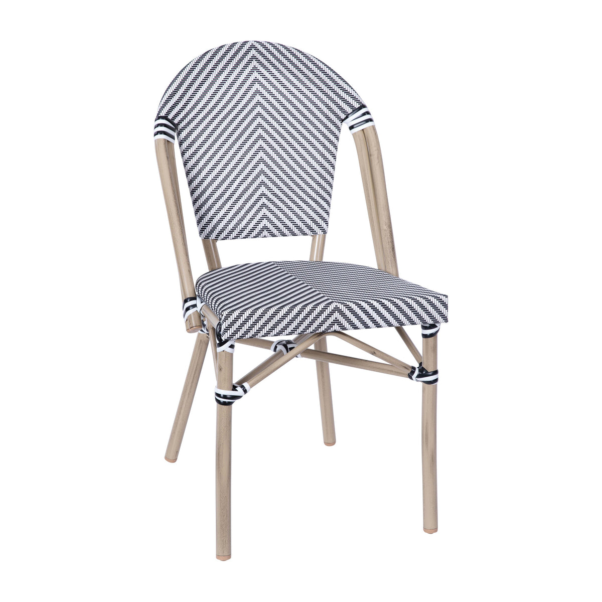 Black & White Textilene/Light Natural Frame |#| Indoor/Outdoor Commercial Bistro Set with Table and 4 Chairs in Blk/Wht
