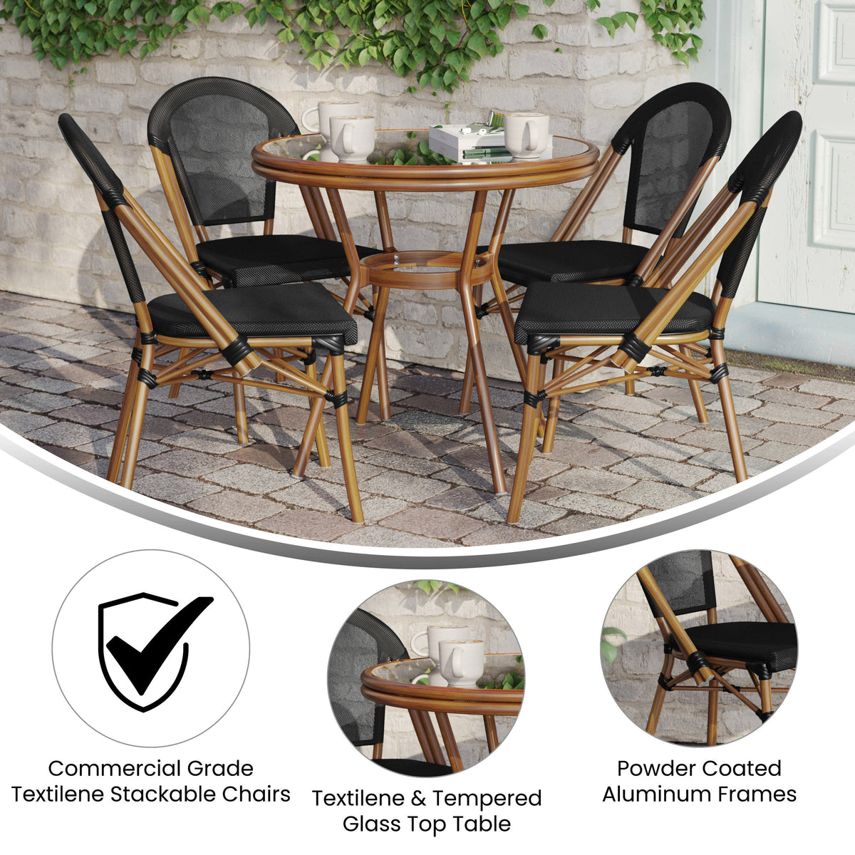 Black Textilene/Natural Frame |#| Indoor/Outdoor Commercial Bistro Set with Table and Four Chairs in Black
