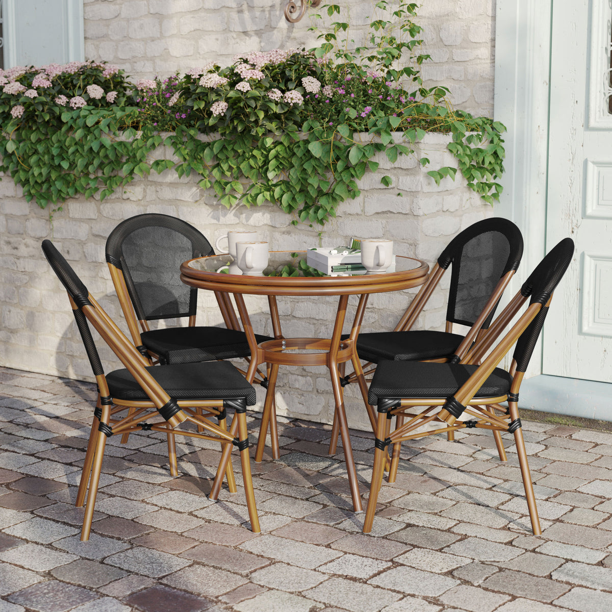 Black Textilene/Natural Frame |#| Indoor/Outdoor Commercial Bistro Set with Table and Four Chairs in Black