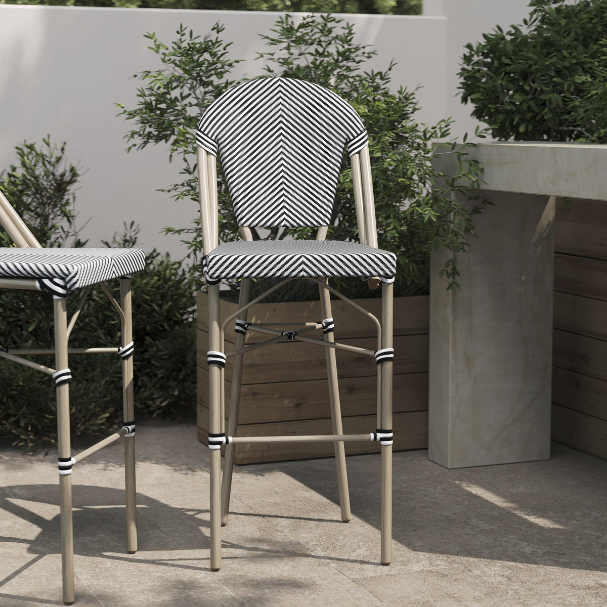 Black & White/Light Natural Frame |#| All-Weather Commercial Paris Stool with Light Natural Metal Frame-Black/White