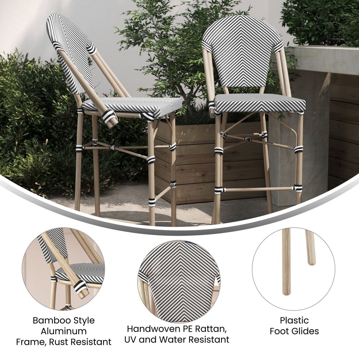 Black & White/Light Natural Frame |#| All-Weather Commercial Paris Stool with Light Natural Metal Frame-Black/White