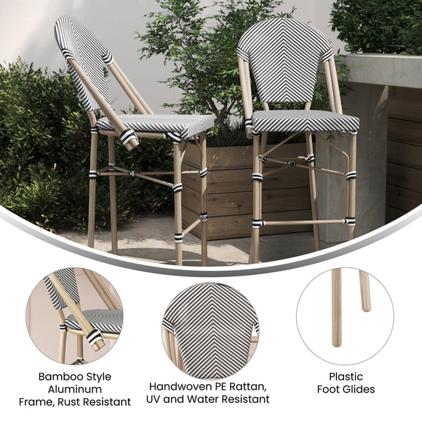 Black & White/Light Natural Frame |#| All-Weather Commercial Paris Stool with Light Natural Metal Frame-Black/White