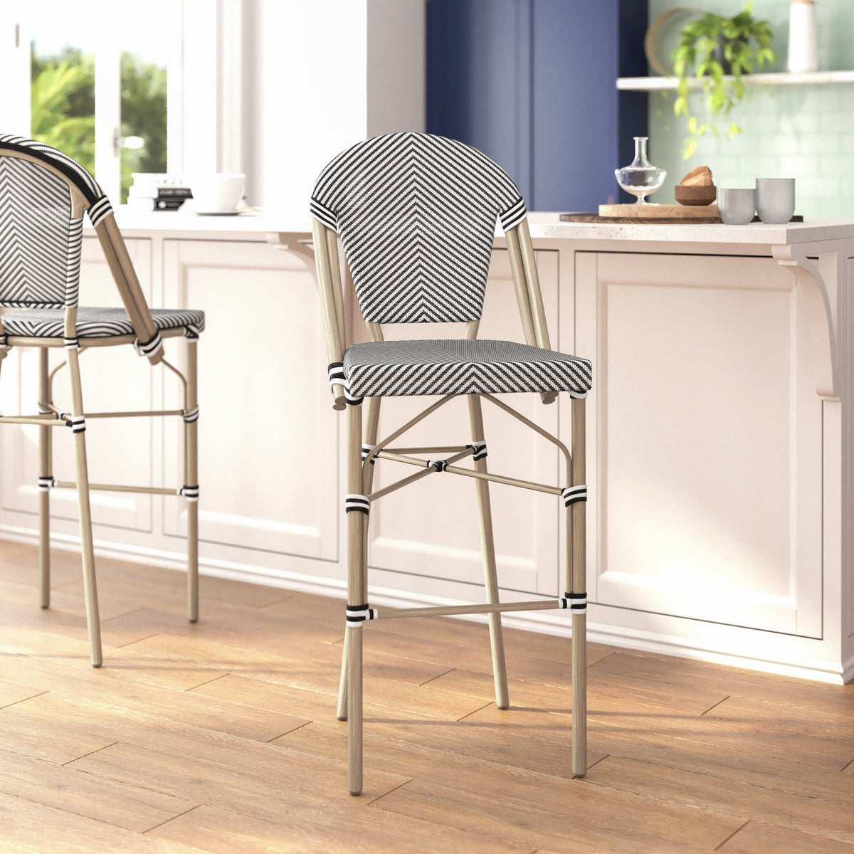 Black & White/Light Natural Frame |#| All-Weather Commercial Paris Stool with Light Natural Metal Frame-Black/White