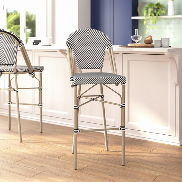 Black & White/Light Natural Frame |#| All-Weather Commercial Paris Stool with Light Natural Metal Frame-Black/White