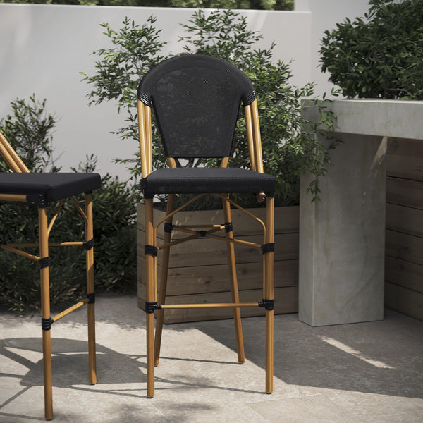 Black/Natural Frame |#| All-Weather Commercial Paris Stool with Natural Metal Frame-Black