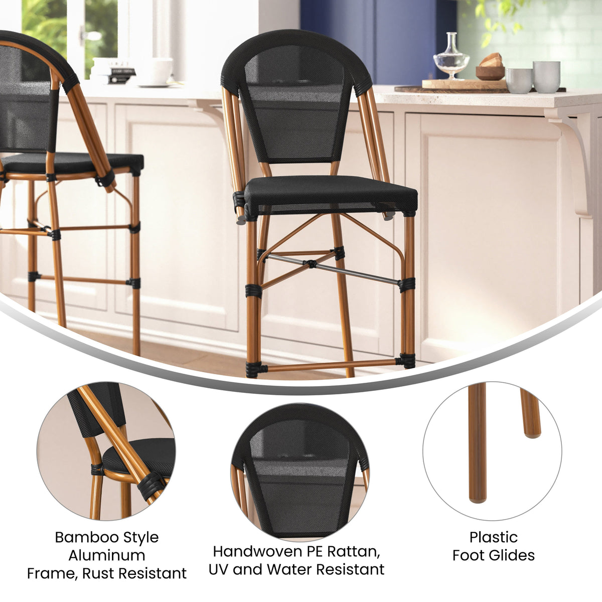 Black/Natural Frame |#| All-Weather Commercial Paris Stool with Natural Metal Frame-Black