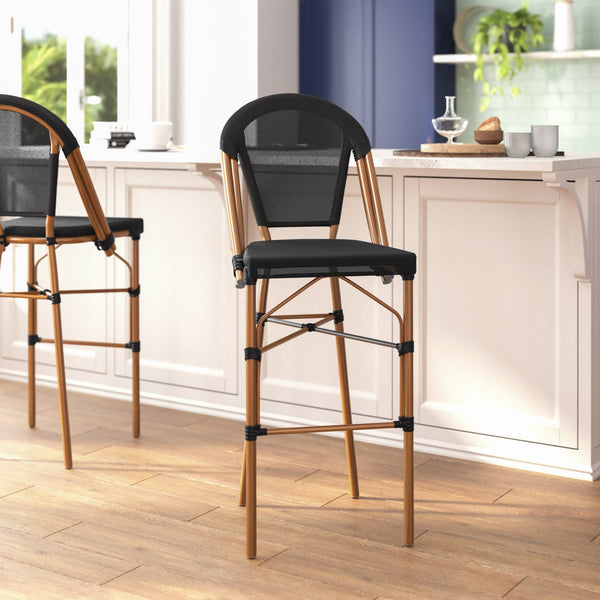 Black/Natural Frame |#| All-Weather Commercial Paris Stool with Natural Metal Frame-Black