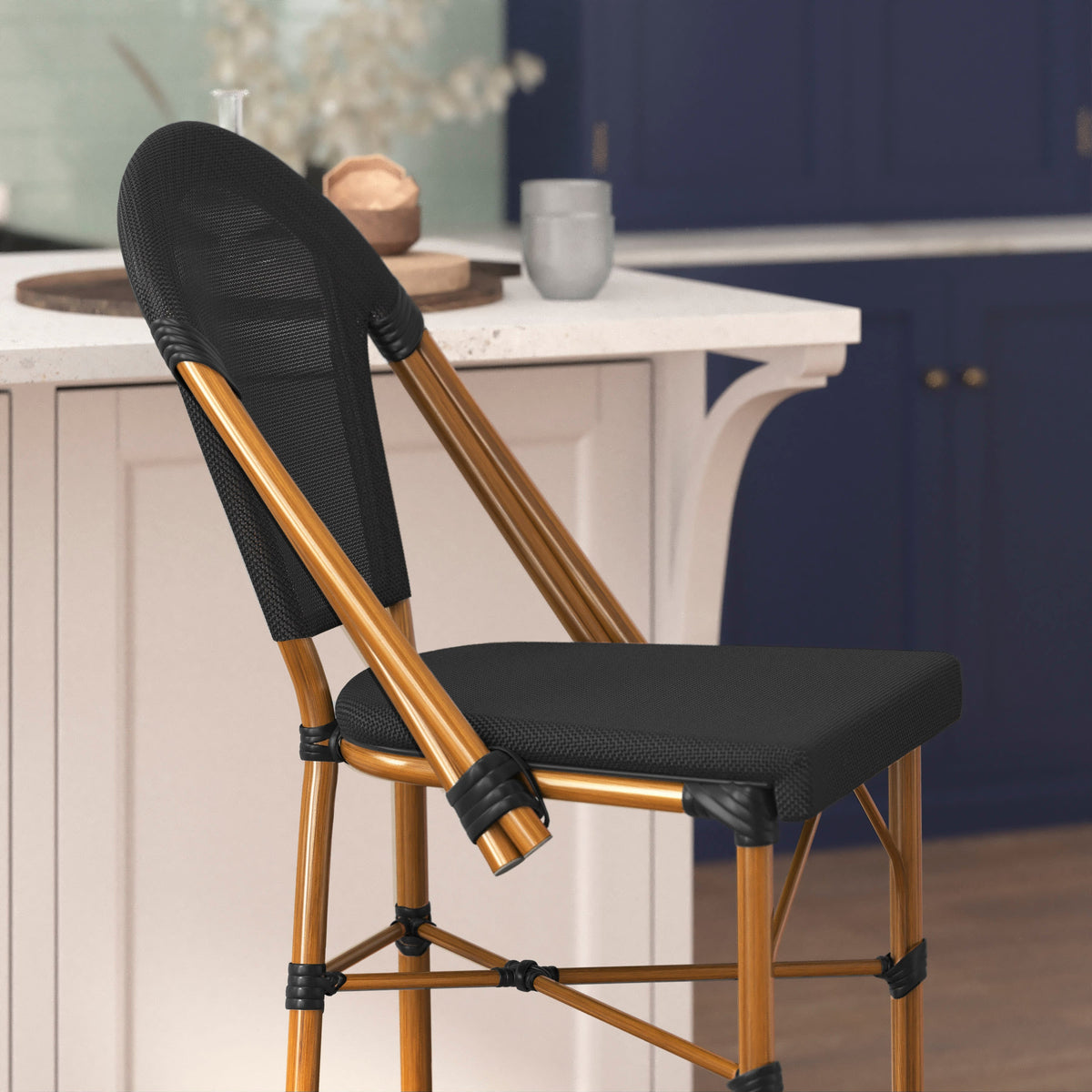 Black/Natural Frame |#| All-Weather Commercial Paris Stool with Natural Metal Frame-Black