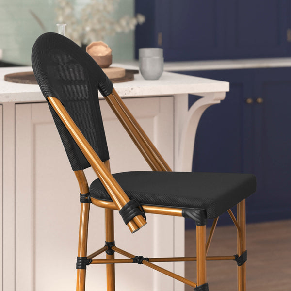 Black/Natural Frame |#| All-Weather Commercial Paris Stool with Natural Metal Frame-Black