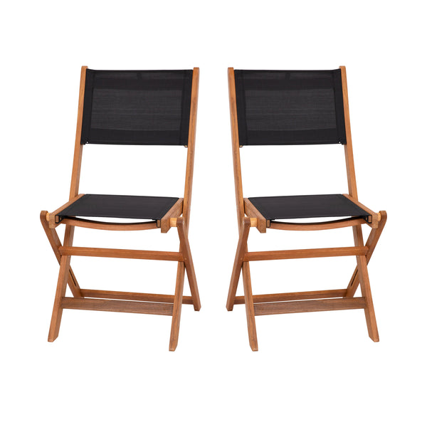 2PK All-Weather Acacia Wood Folding Bistro Chairs-Mesh Back/Seat-Natural/Black