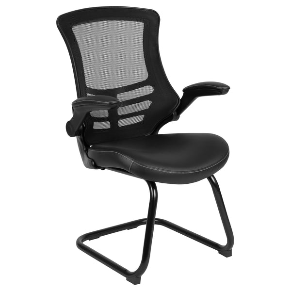 Black LeatherSoft/Mesh |#| Black Mesh Sled Base Side Reception Chair with LeatherSoft Seat and Flip-Up Arms