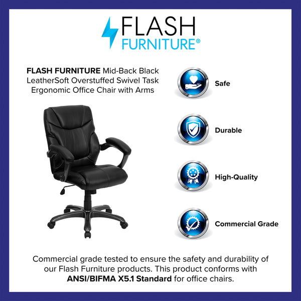 Mid-Back Black LeatherSoft Overstuffed Swivel Task Ergonomic Office Chair w/Arms