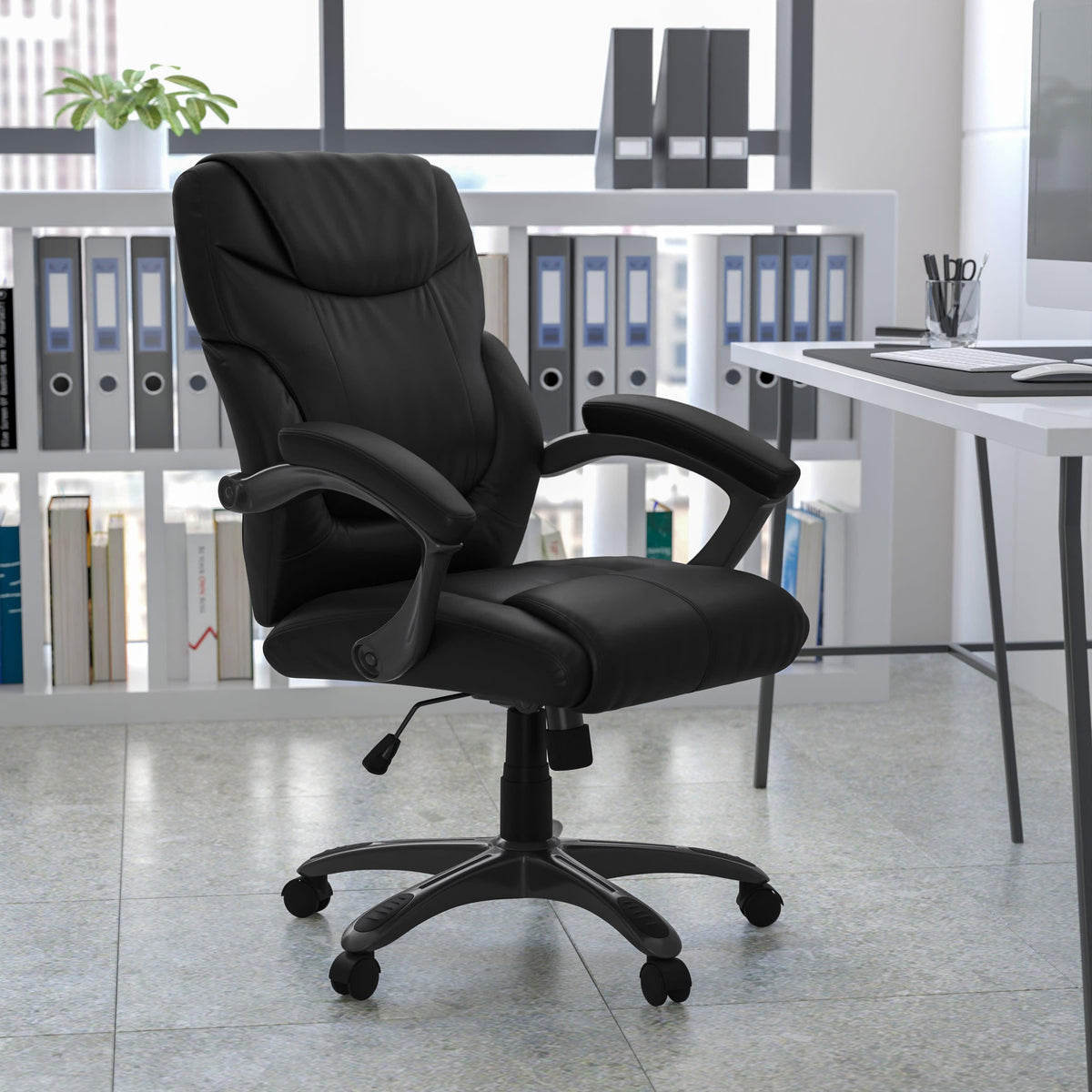 Mid-Back Black LeatherSoft Overstuffed Swivel Task Ergonomic Office Chair w/Arms