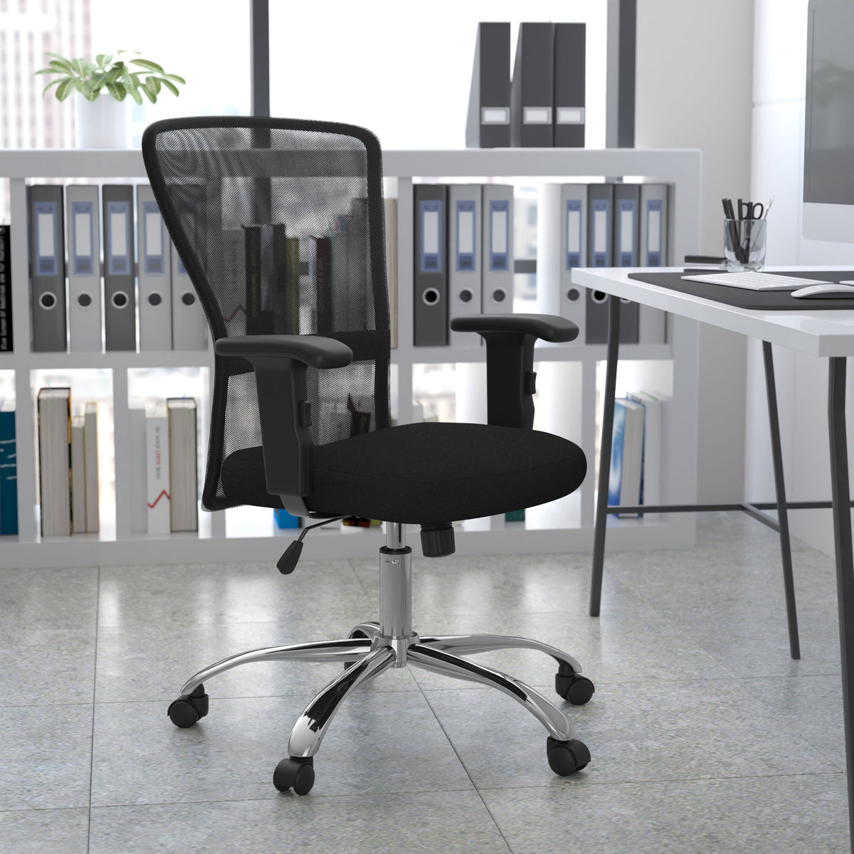 Mid-Back Black Mesh Contemporary Swivel Task Office Chair w/ Chrome Base & Arms