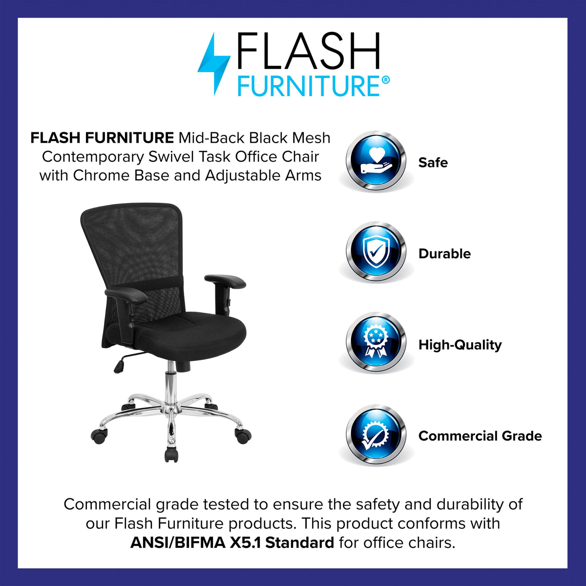 Mid-Back Black Mesh Contemporary Swivel Task Office Chair w/ Chrome Base & Arms
