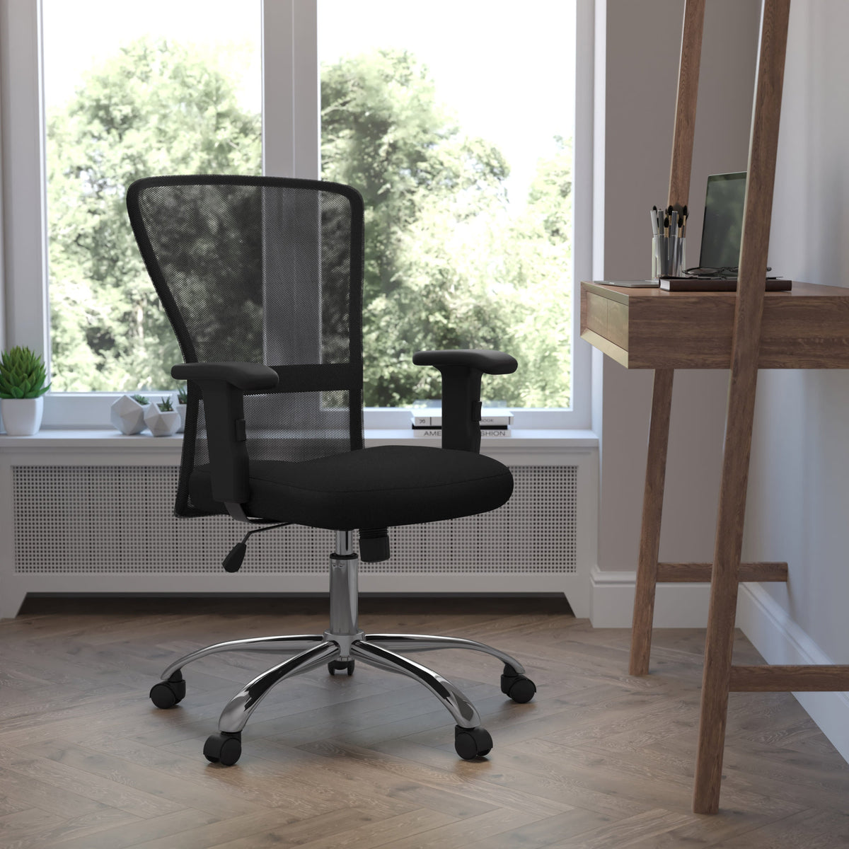 Mid-Back Black Mesh Contemporary Swivel Task Office Chair w/ Chrome Base & Arms