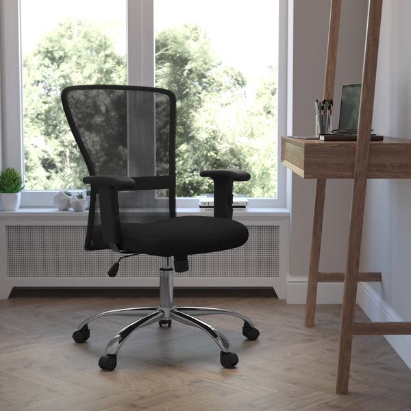 Mid-Back Black Mesh Contemporary Swivel Task Office Chair w/ Chrome Base & Arms