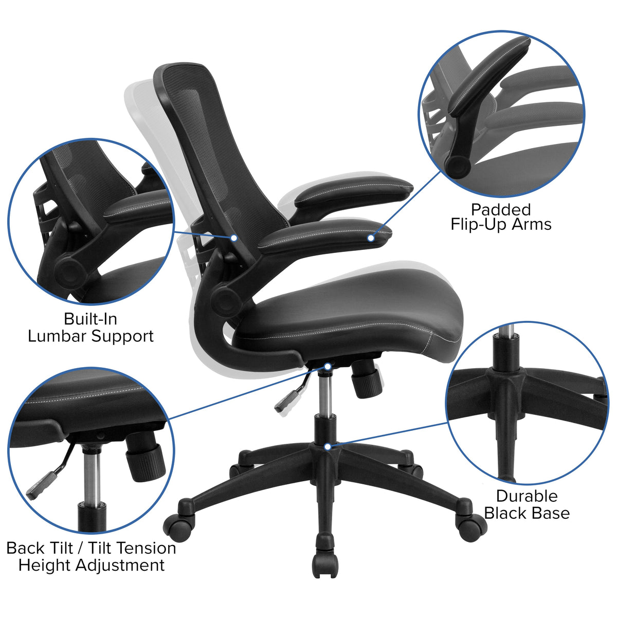 Black Mesh & LeatherSoft/Black Frame |#| Mid-Back Black Mesh Ergonomic Task Chair with LeatherSoft Seat and Flip-Up Arms