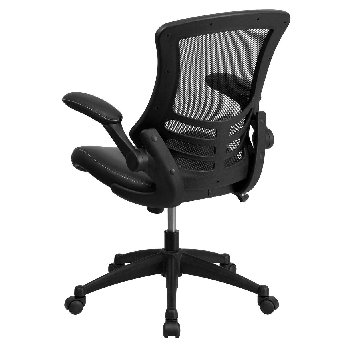 Black Mesh & LeatherSoft/Black Frame |#| Mid-Back Black Mesh Ergonomic Task Chair with LeatherSoft Seat and Flip-Up Arms