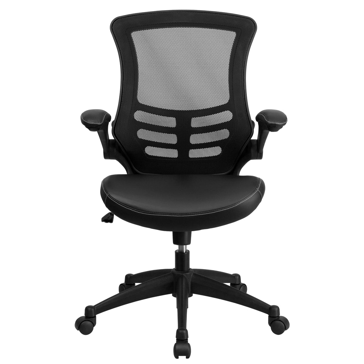 Black Mesh & LeatherSoft/Black Frame |#| Mid-Back Black Mesh Ergonomic Task Chair with LeatherSoft Seat and Flip-Up Arms