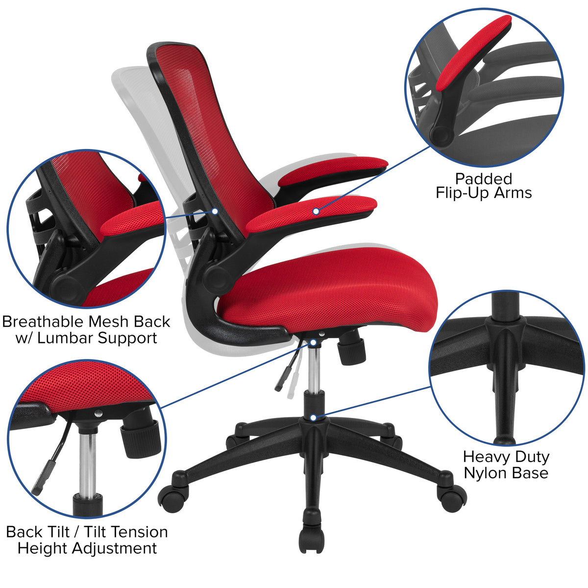 Red Mesh/Black Frame |#| Mid-Back White Mesh Swivel Ergonomic Task Office Desk Chair with Flip-Up Arms