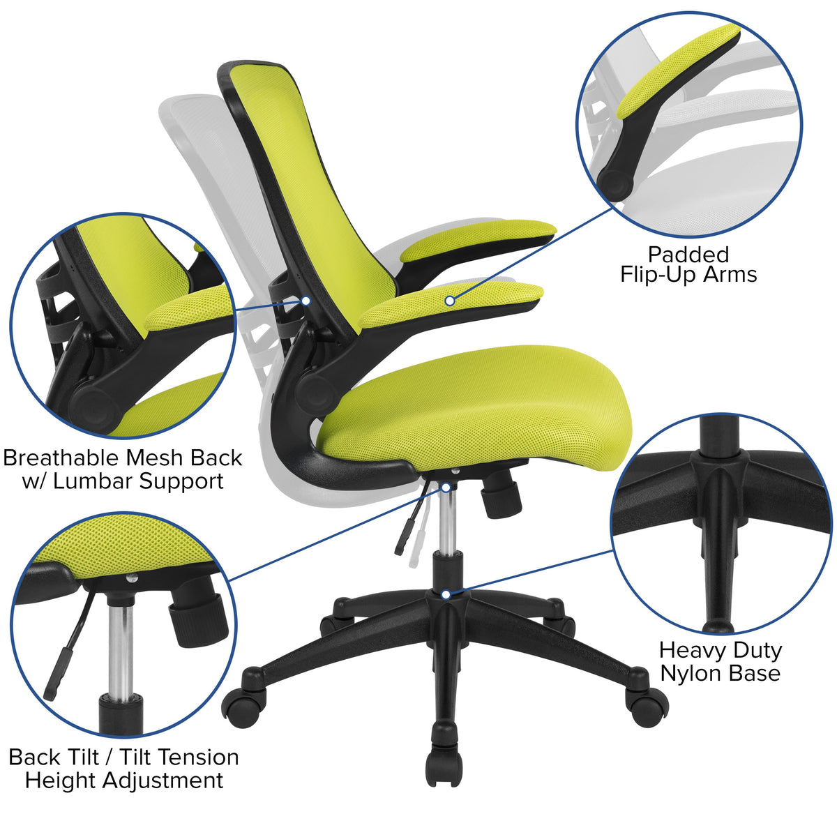 Green Mesh/Black Frame |#| Mid-Back Green Mesh Swivel Ergonomic Task Office Desk Chair with Flip-Up Arms