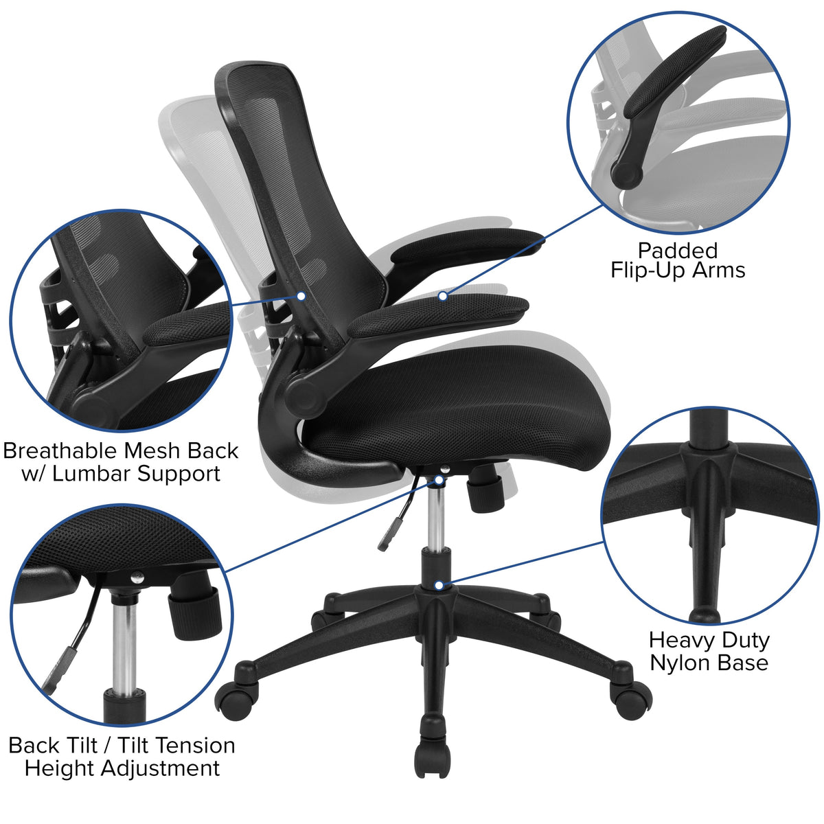 Black Mesh/Black Frame |#| Mid-Back Black Mesh Swivel Ergonomic Task Office Chair with Flip-Up Arms