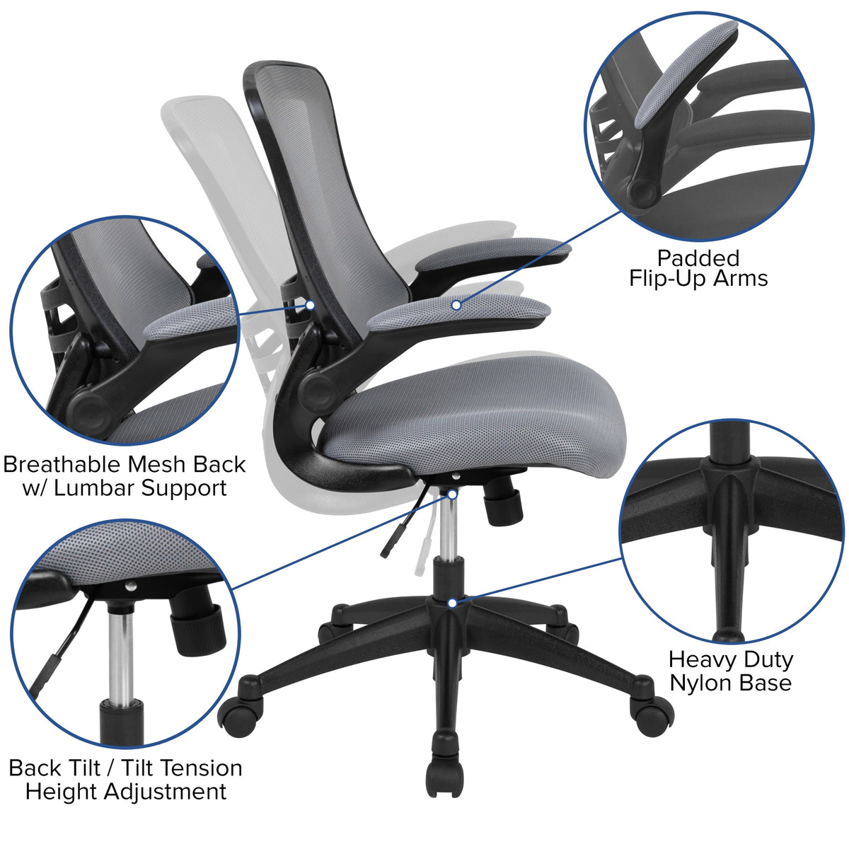 Dark Gray Mesh/Black Frame |#| Mid-Back Dark Gray Mesh Swivel Ergonomic Task Office Desk Chair - Flip-Up Arms