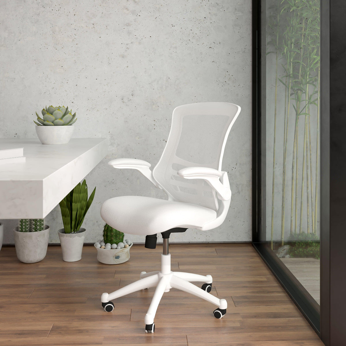 White Mesh/White Frame |#| Mid-Back White Mesh Ergonomic Task Office Chair, White Frame - Flip-Up Arms