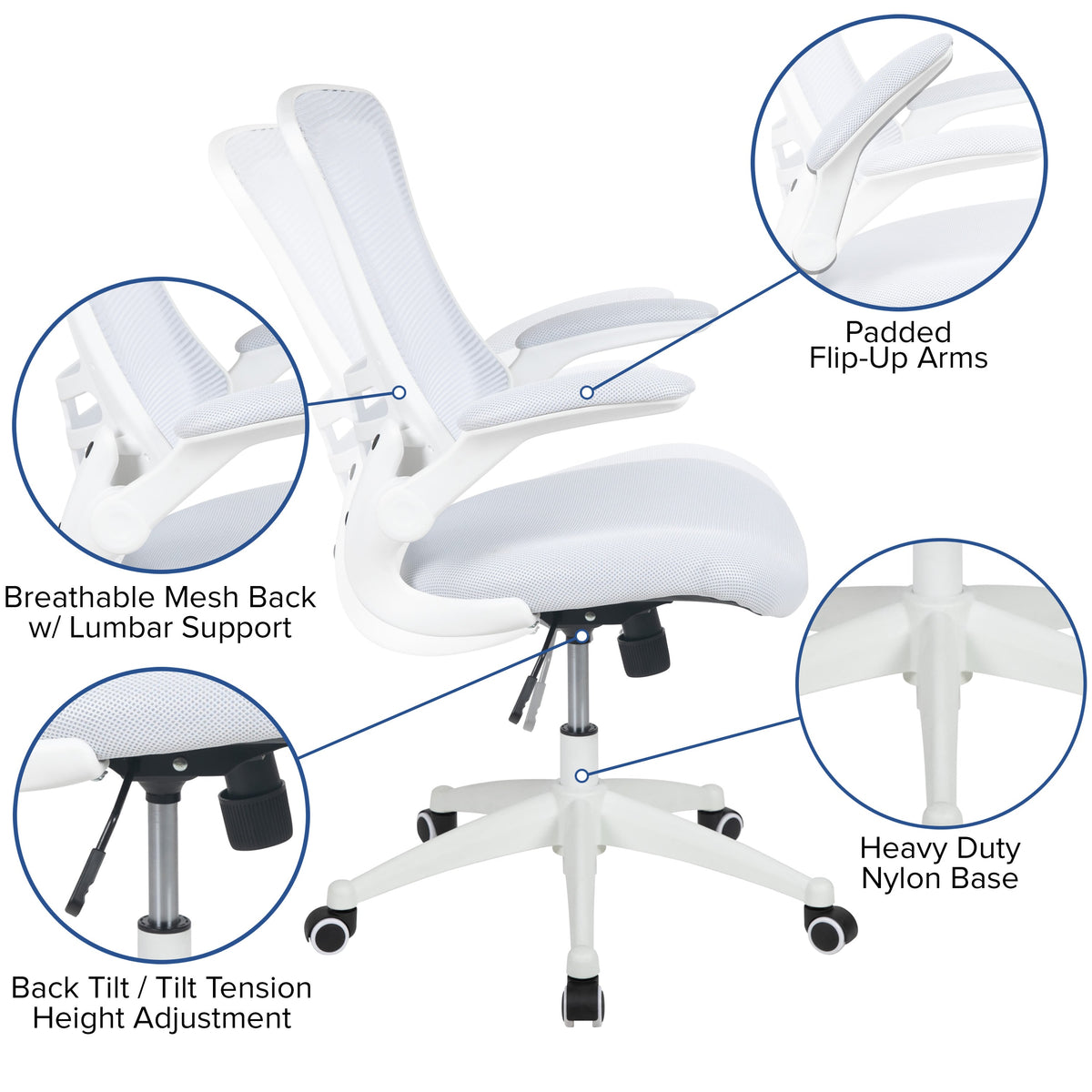 White Mesh/White Frame |#| Mid-Back White Mesh Ergonomic Task Office Chair, White Frame - Flip-Up Arms