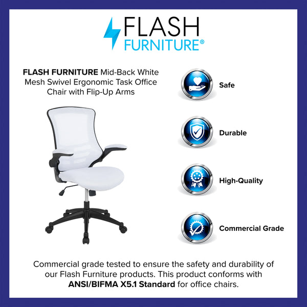 White Mesh/Black Frame |#| Mid-Back White Mesh Swivel Ergonomic Task Office Desk Chair with Flip-Up Arms