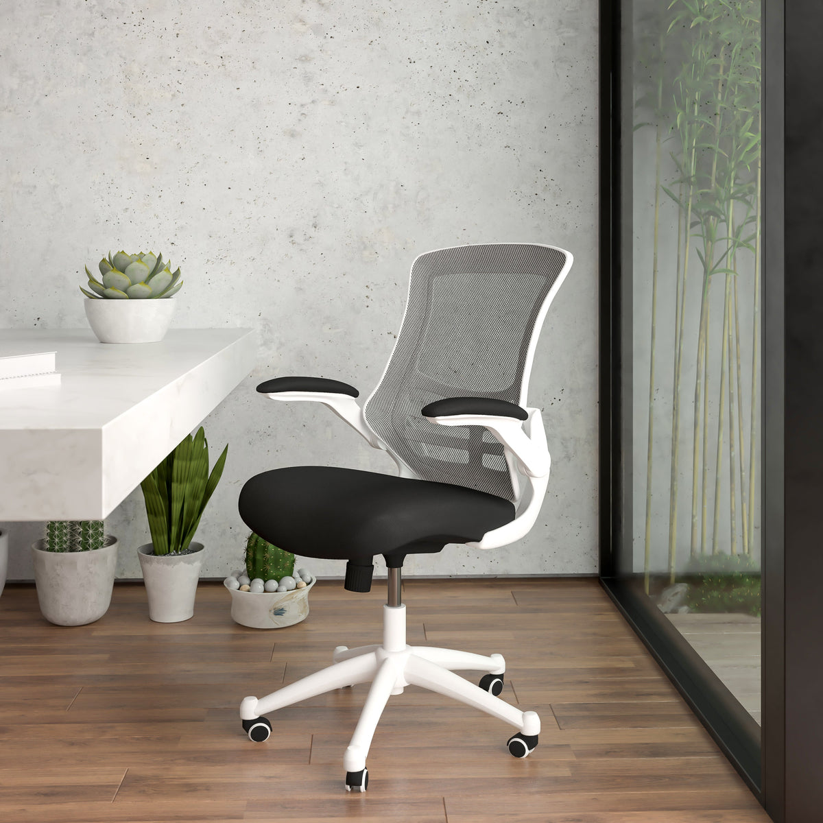 Black Mesh/White Frame |#| Mid-Back Black Mesh Ergonomic Task Office Chair, White Frame - Flip-Up Arms