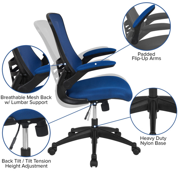 Blue Mesh/Black Frame |#| Mid-Back Blue Mesh Swivel Ergonomic Task Office Desk Chair with Flip-Up Arms