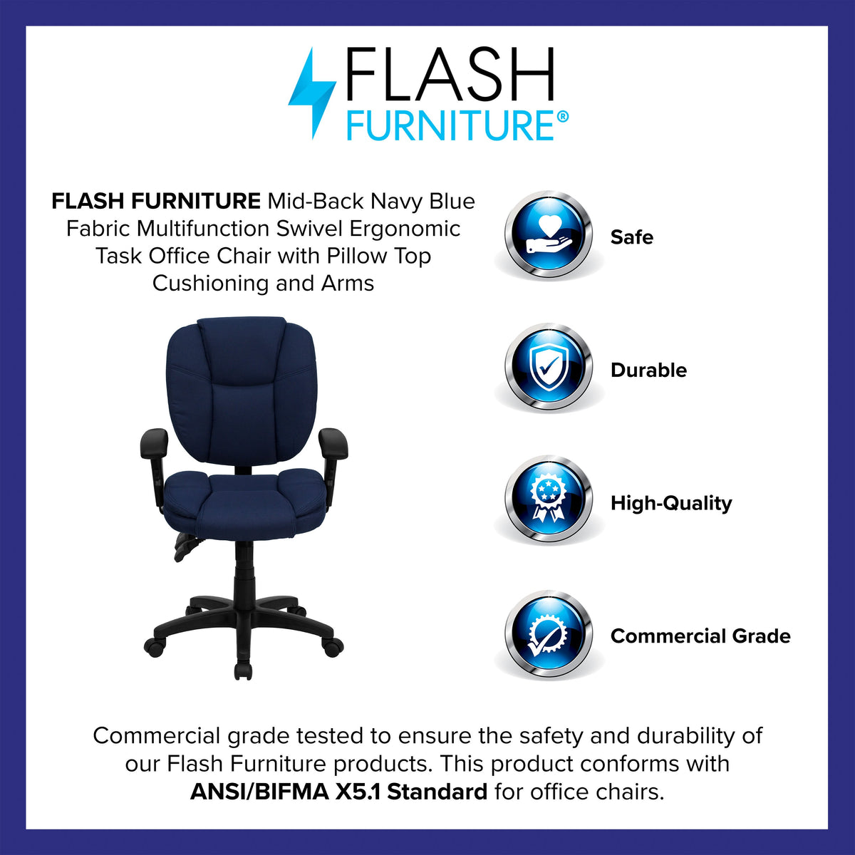 Navy Blue Fabric |#| Mid-Back Navy Blue Fabric Multifunction Office Chair with Pillow Top Cushioning