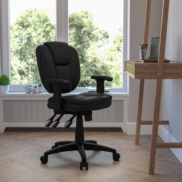 Black LeatherSoft |#| Mid-Back Black LeatherSoft Multifunction Office Chair with Pillow Top Cushioning