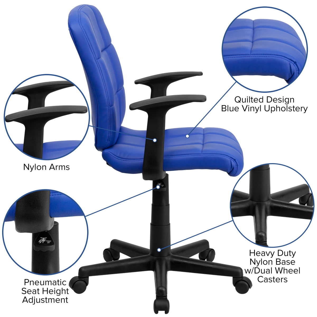 Blue |#| Mid-Back Blue Quilted Vinyl Swivel Task Office Chair with Arms - Home Office