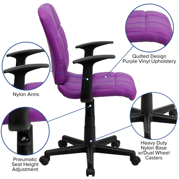 Purple |#| Mid-Back Purple Quilted Vinyl Swivel Task Office Chair with Arms - Home Office