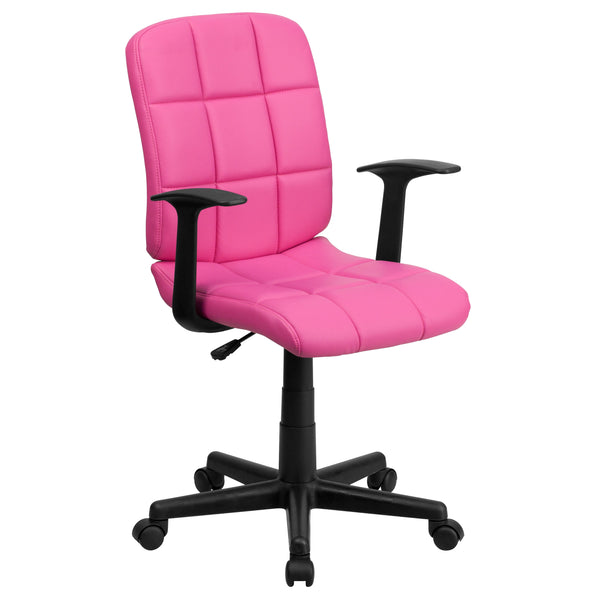 Pink |#| Mid-Back Pink Quilted Vinyl Swivel Task Office Chair with Arms - Home Office