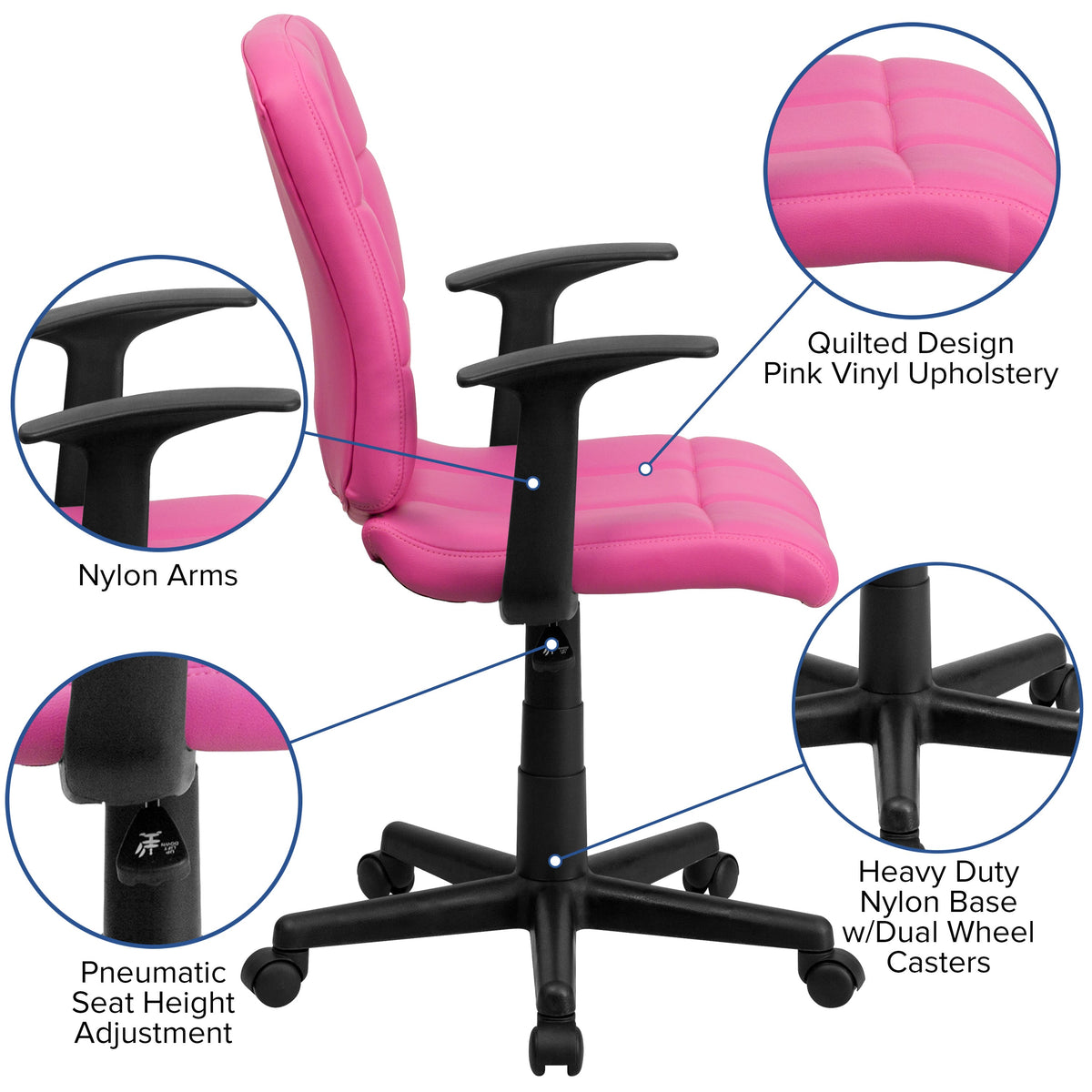 Pink |#| Mid-Back Pink Quilted Vinyl Swivel Task Office Chair with Arms - Home Office