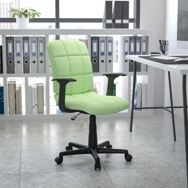 Green |#| Mid-Back Green Quilted Vinyl Swivel Task Office Chair with Arms - Home Office