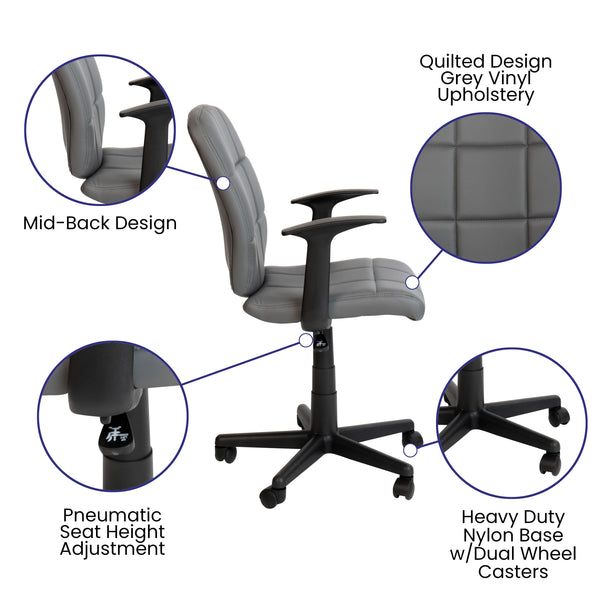 Gray |#| Mid-Back Gray Quilted Vinyl Swivel Task Office Chair with Arms - Home Office