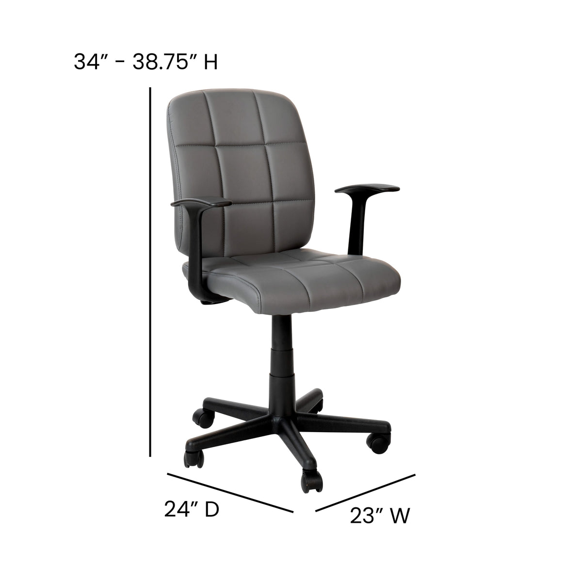 Gray |#| Mid-Back Gray Quilted Vinyl Swivel Task Office Chair with Arms - Home Office