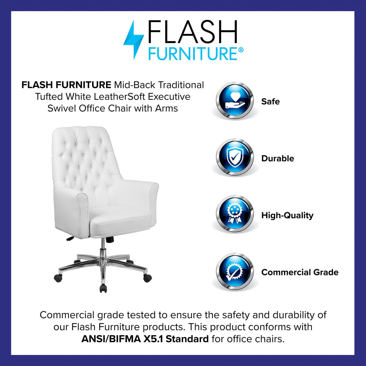 White |#| Mid-Back Traditional Tufted White LeatherSoft Executive Swivel Office Chair
