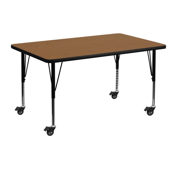 Oak |#| Mobile 30inchW x 48inchL Rectangular Oak Thermal Laminate Adjustable Activity Table