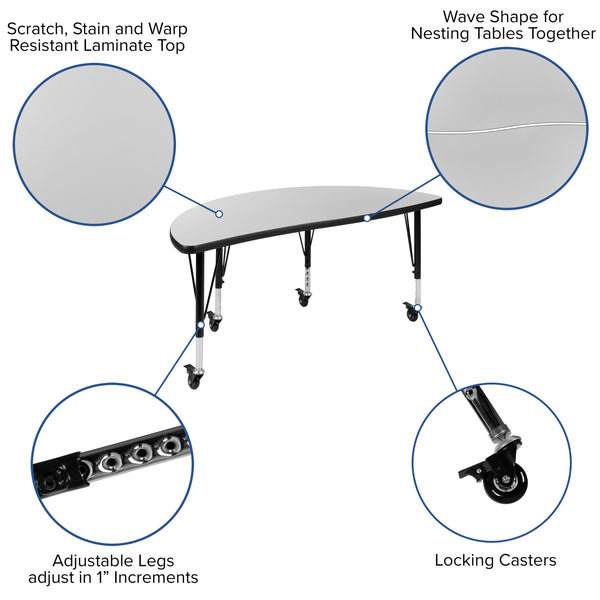 Grey |#| Mobile 47.5inch Circle Wave Activity Table Set-12inch Student Stack Chairs, Grey/Black