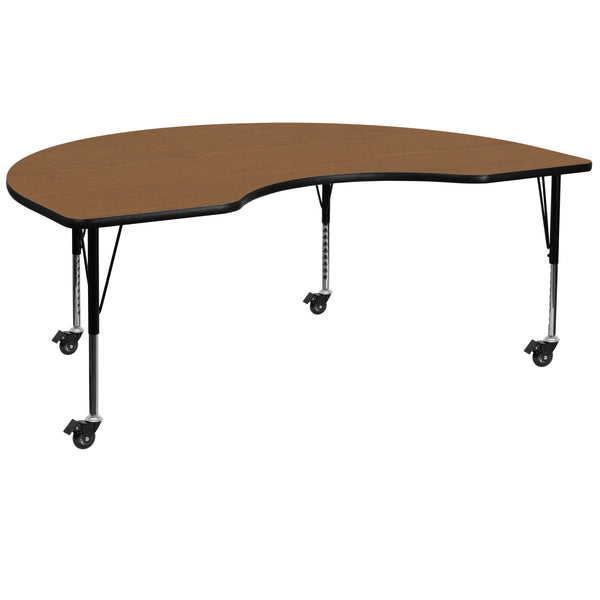Oak |#| Mobile 48inchW x 96inchL Kidney Oak Thermal Laminate Adjustable Activity Table