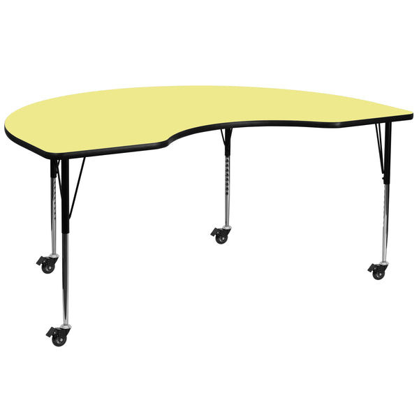 Yellow |#| Mobile 48inchW x 96inchL Kidney Yellow Thermal Laminate Adjustable Activity Table