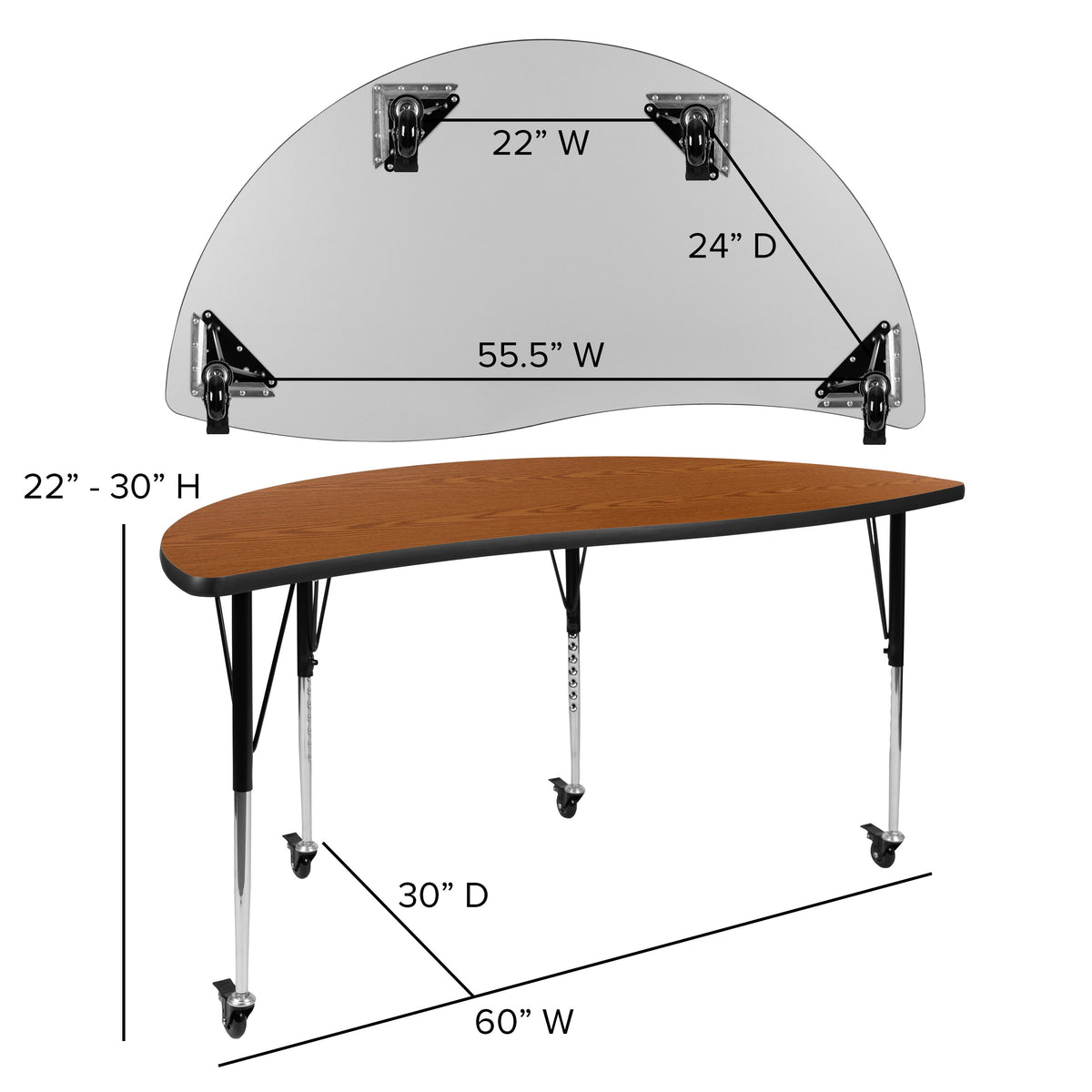 Oak |#| Mobile 60inch Half Circle Wave Collaborative Oak Adjustable Height Activity Table