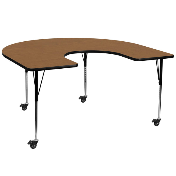 Oak |#| Mobile 60inchW x 66inchL Horseshoe Oak Thermal Laminate Adjustable Activity Table